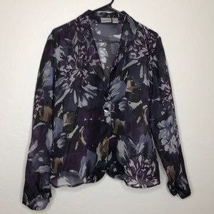 Chico's Sheer Blouse Top Long Sleeves Floral Print